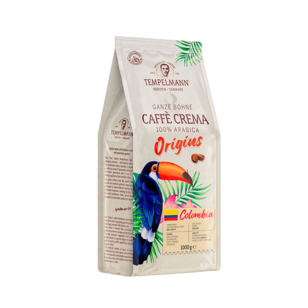 Kavos pupelės Tempelmann Caffee Crema Origins Colombia, 1kg kaina akcija pigiau