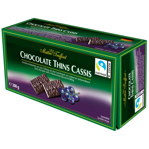Saldainiai Maitre Truffout Chocolate Thins Classis Blackcurrant, 200g