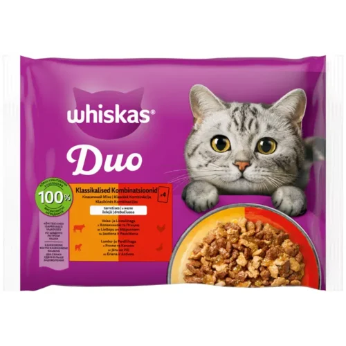 Konservuotas suaugusių kačių ėdalas WHISKAS Duo, mėsos rinkinys, 4 x 85 g