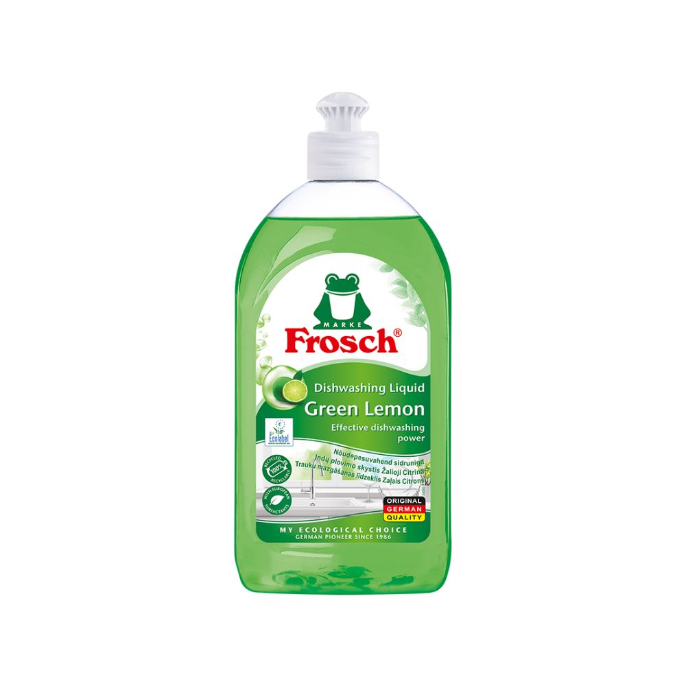 Frosch Green Lemon – ekologiškesnis indų ploviklis su žaliųjų citrinų aromatu, efektyviai šalinantis riebalus ir pridžiūvusius maisto likučius kaina akcija