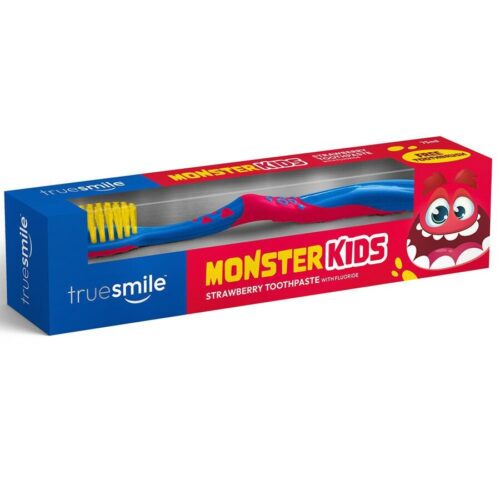 TrueSmile Monster Kids Strawberry vaikiška dantų pasta su fluoru + dantų šepetėlis 75 ml
