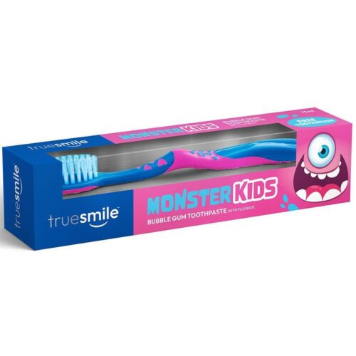 TrueSmile Monster Kids Bubble Gum vaikiška dantų pasta su fluoru + dantų šepetėlis 75 ml