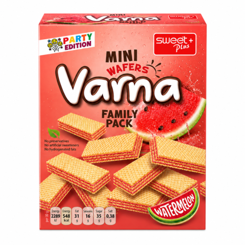 Sweet Plus Varna Mini Wafers Watermelon – mini vafliai su arbūzų skonio įdaru, 230g
