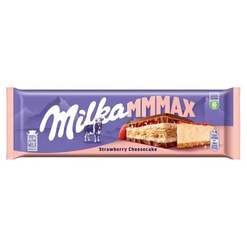 Milka MMMAX Strawberry Cheesecake – pieniškas šokoladas su braškinio sūrio pyrago įdaru, 300g