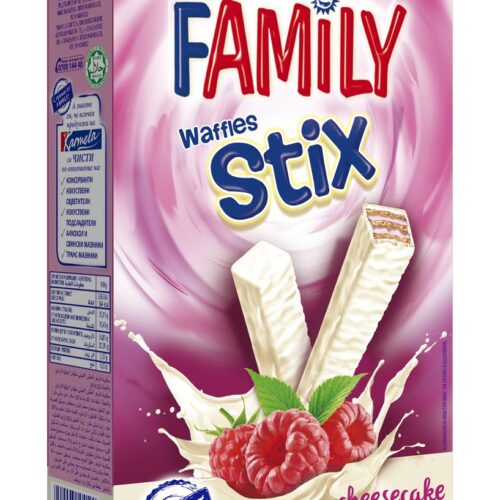 Family Waffles Stix Cheesecake Raspberry – vaflinės lazdelės su aviečių ir sūrio pyrago skoniu, 155g