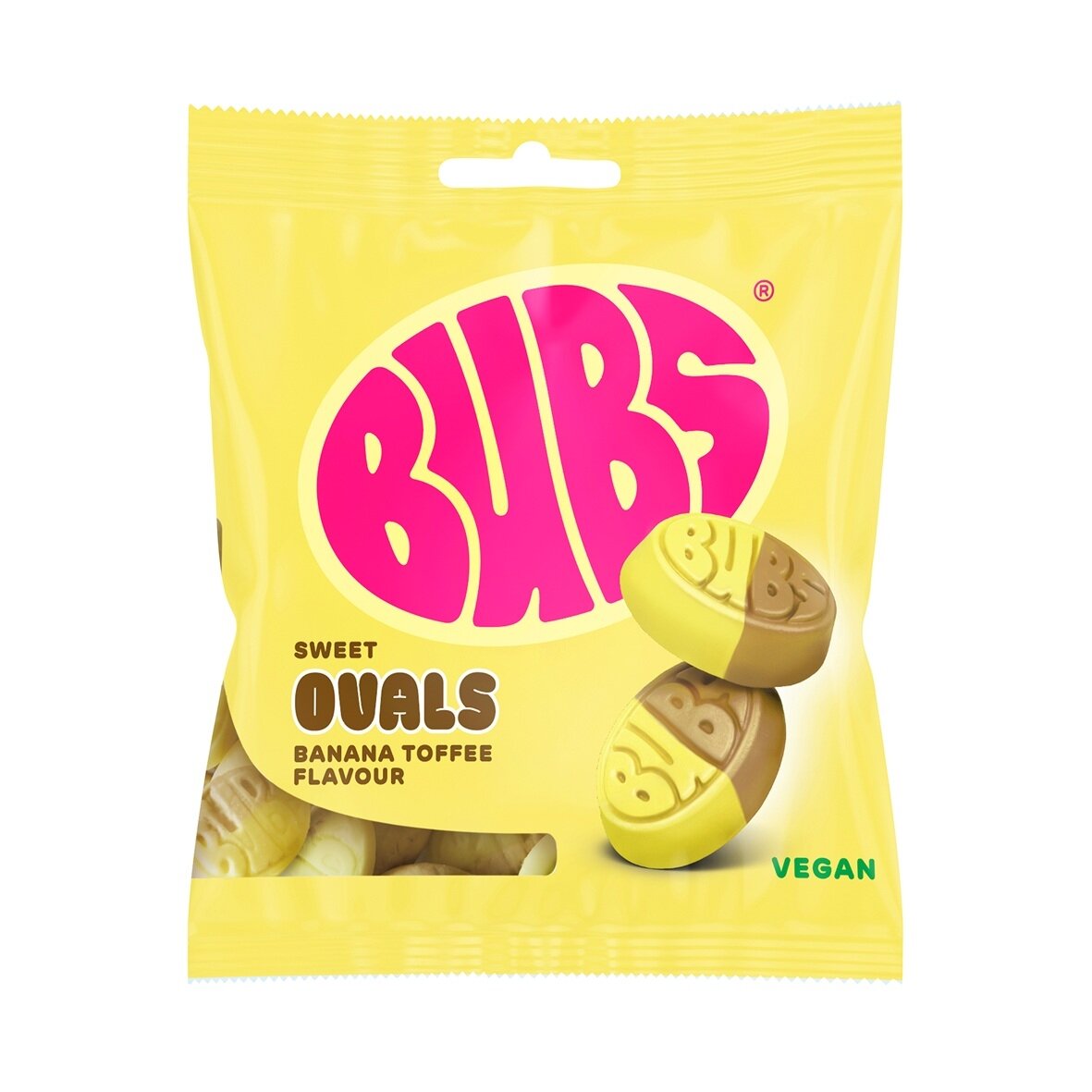 BUBS Sweet Ovals Banana Toffee – bananų ir irisų skonio guminukai, 155 g kaina akcija pigiau
