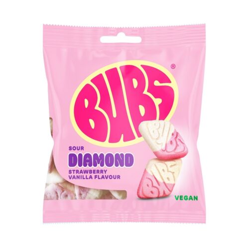 BUBS Sour Diamond Strawberry Vanilla – rūgštūs guminukai, 155 g kaina akcija pigiau