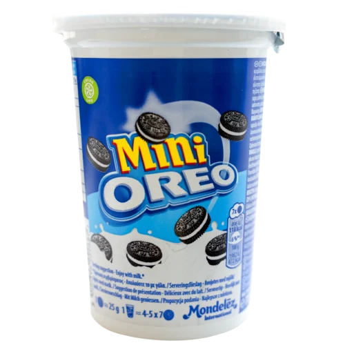 Mini Oreo – traškūs, nedidelio dydžio kakaviniai sausainiai su švelniu vanilinio skonio kremo įdaru. Puikiai tinka saldžiam užkandžiui, prie kavos, arbatos kaina akcija