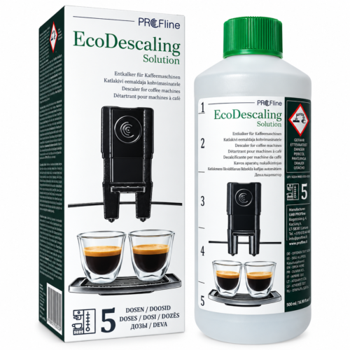 PROFline EcoDescaling Solution – kavos aparatų nukalkinimo skystis, 500 ml, kaina, pigiau internetu. Šalina kavos aparatuose susikaupusias kalkių nuosėdas.