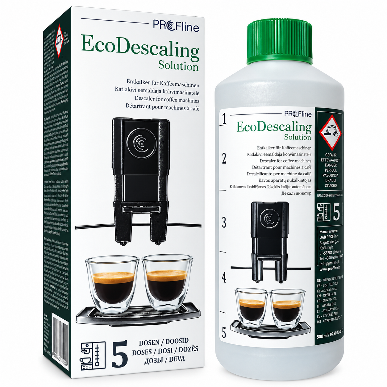 PROFline EcoDescaling Solution – kavos aparatų nukalkinimo skystis, 500 ml, kaina, pigiau internetu. Šalina kavos aparatuose susikaupusias kalkių nuosėdas.