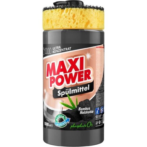 Maxi Power Black Coal – koncentruotas indų ploviklis su bambuko anglimi, dozatoriumi ir kempine, 1000 ml