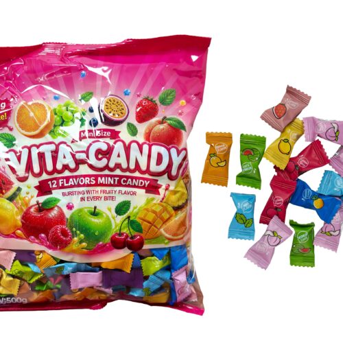 Vita-Candy – įvairių vaisinių skonių saldainiai su vaisių sultimis, 500 g